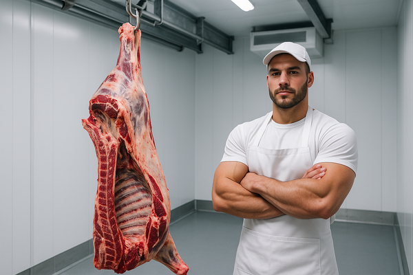 side of beef hanging in a state of the art cooler with a handsome muscular butcher with arms crossed