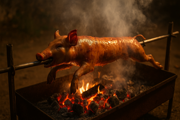 suckling pig roasting on a spit over charcoal